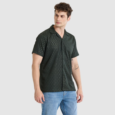 Snitch Men Self Design Casual Dark Green Shirt