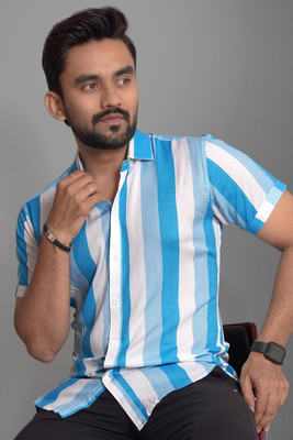 Voroxy Men Printed Casual Light Blue, White Shirt