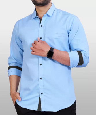 PEARL OCEAN Men Solid Casual Light Blue Shirt