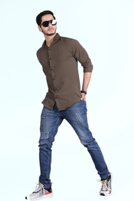 PEARL OCAN Men Self Design Casual Brown Shirt