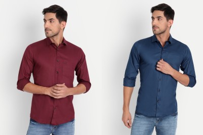 Tanip Men Solid Casual Maroon, Blue Shirt(Pack of 2)