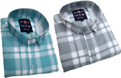 COTnZIP Men Checkered Casual Light Blue, Grey Shirt(Pack of 2)