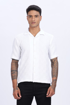 FUSON Men Self Design Casual White Shirt