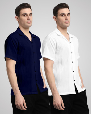 HEMAS LIFESTYLE Men Self Design Casual Dark Blue, White Shirt(Pack of 2)