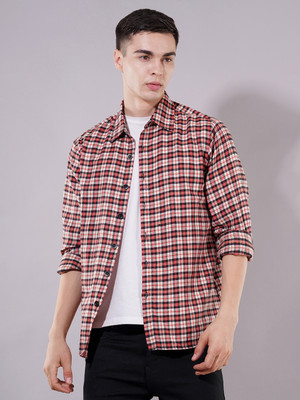 swaggish Men Checkered Casual Orange Shirt