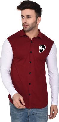 BEYOU FASHION Men Printed, Color Block Casual Maroon, White Shirt