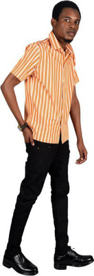 Hannmar Men Striped Casual Orange, White, Black Shirt