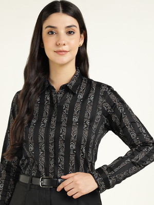 Hancock Women Striped Formal Black Shirt
