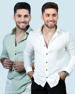 Marmic Fab Men Solid Casual White, Light Green Shirt(Pack of 2)