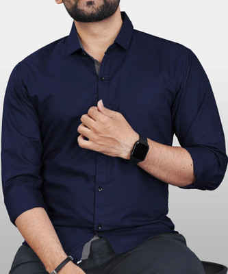 Duooble Men Solid Casual Dark Blue Shirt