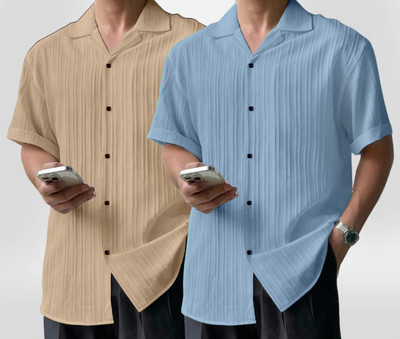 METRONAUT Men Self Design Casual Cream, Light Blue Shirt(Pack of 2)