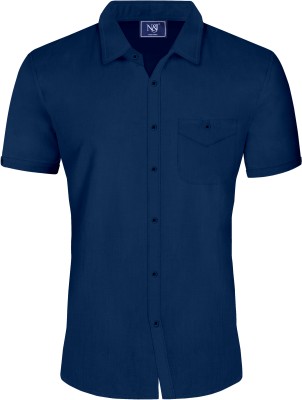 N AND J Men Solid Casual Dark Blue Shirt