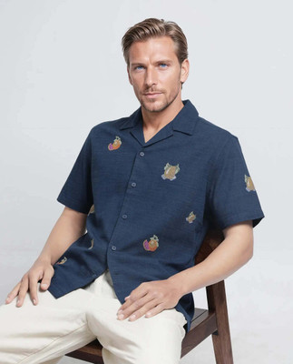 RARE RABBIT Men Self Design, Embroidered Casual Dark Blue Shirt