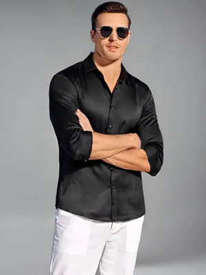 Purever India Men Solid Formal Black Shirt