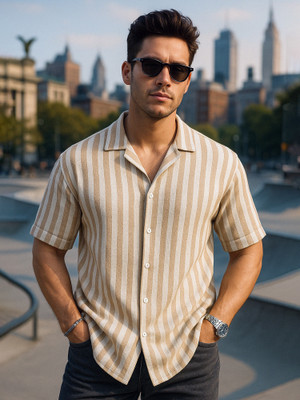 MANIAC Men Striped Casual Beige Shirt