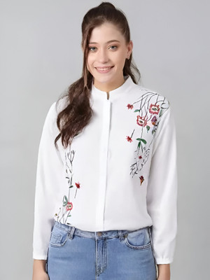 CADMON Women Floral Print Formal White Shirt