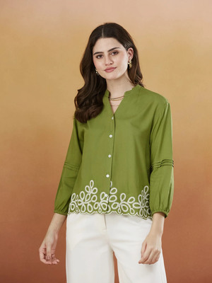 J TURRITOPSIS Women Embroidered Casual Green Shirt