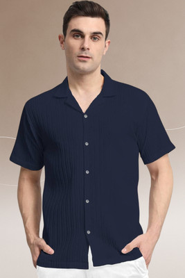 A Dearise Trend Men Striped Casual Dark Blue Shirt