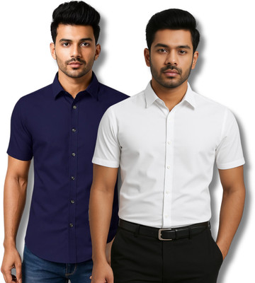 RAREMARK Men Solid Formal Dark Blue, White Shirt(Pack of 2)