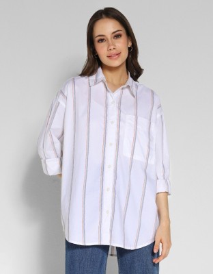 American Eagle Women Striped Casual White Shirt