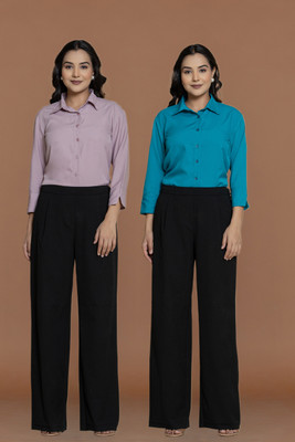MAGHMA Women Solid Casual Blue, Purple Shirt(Pack of 2)