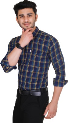 Marc Laurent Men Checkered Formal Yellow, Blue, Dark Blue Shirt