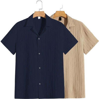 METRONAUT Men Self Design Casual Dark Blue, Khaki Shirt(Pack of 2)