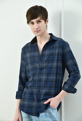 KISSOSS Men Checkered Casual Blue Shirt
