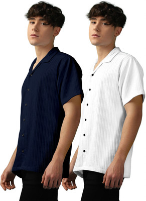 OXXOM Men Self Design Casual Dark Blue, White Shirt(Pack of 2)