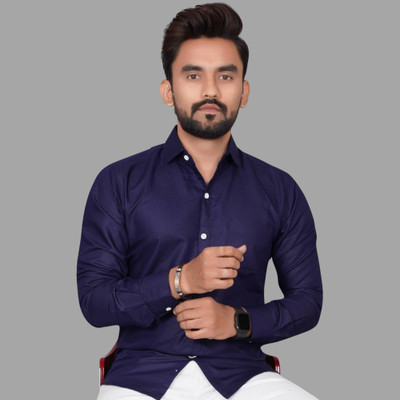 CLOSWIF Men Solid Casual Dark Blue Shirt