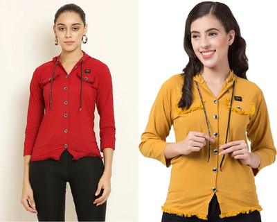 NewWear Women Solid Casual Red, Yellow Shirt(Pack of 2)