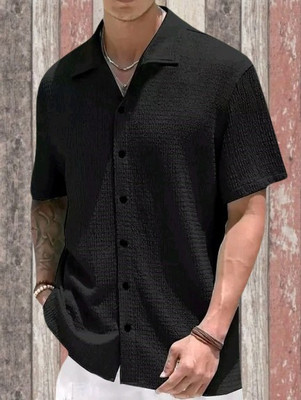 MUMIN Men Self Design Casual Black Shirt