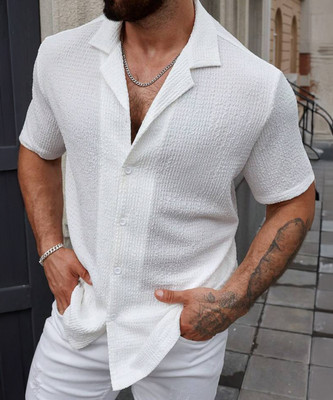 COMBRAIDED Men Self Design Casual White Shirt