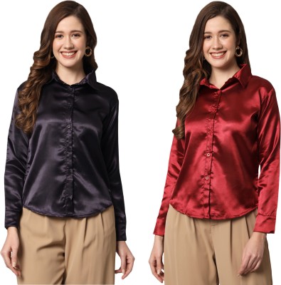 FUNDAY FASHION Women Solid Casual Black, Maroon Shirt(Pack of 2)