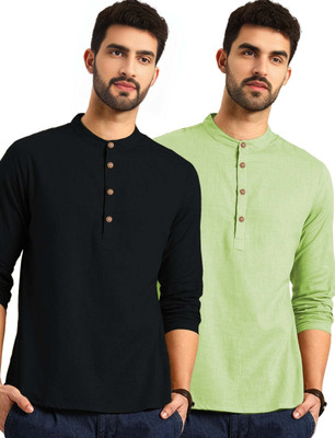 Navkanj Men Solid Asymmetric Kurta(Light Green)
