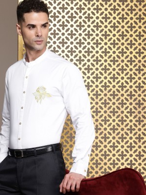 House of Pataudi Men Printed Party White Shirt