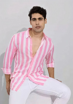 Tekwani Men Striped Casual Pink Shirt