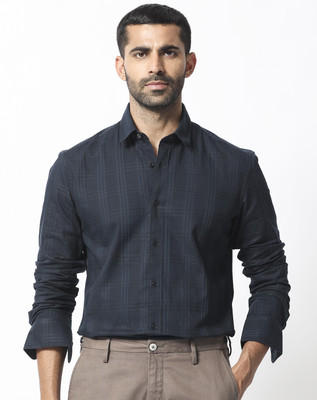 RARE RABBIT Men Checkered Formal Dark Blue Shirt