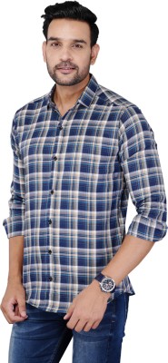 Wristy Men Checkered Casual Dark Blue, Grey, White Shirt