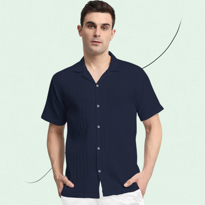 A COMBRAIDED Men Self Design Casual Dark Blue Shirt