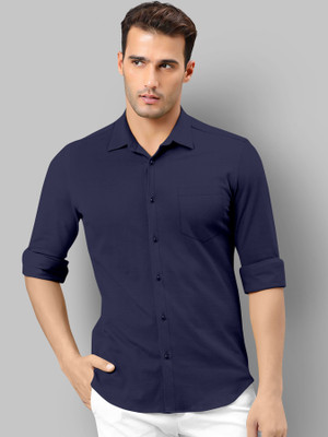 MOONBELL Men Solid Casual Dark Blue Shirt