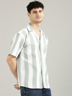 JOVEN Men Striped Casual White, Green Shirt