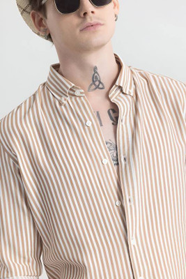 PURE MAN Men Striped Casual Brown Shirt