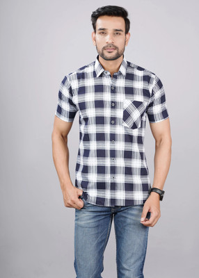 BlackLilly Men Checkered Casual White, Blue Shirt