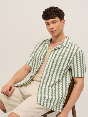 THE BEAR HOUSE Men Striped Casual Green Shirt