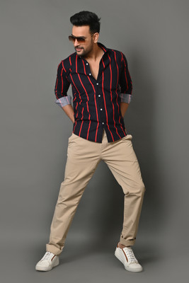 YAAROW Men Striped Casual Red, Black Shirt