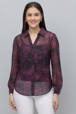 PURYS Women Floral Print Casual Black, Pink Shirt