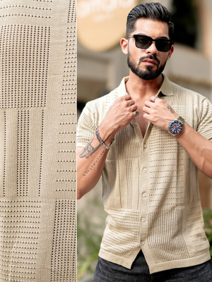 MANIAC Men Self Design Casual Beige Shirt
