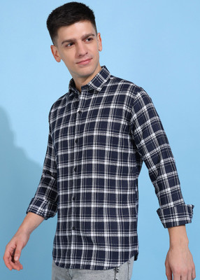 COMBRAIDED Men Checkered Formal Dark Blue Shirt