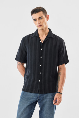 Snitch Men Self Design Casual Black Shirt